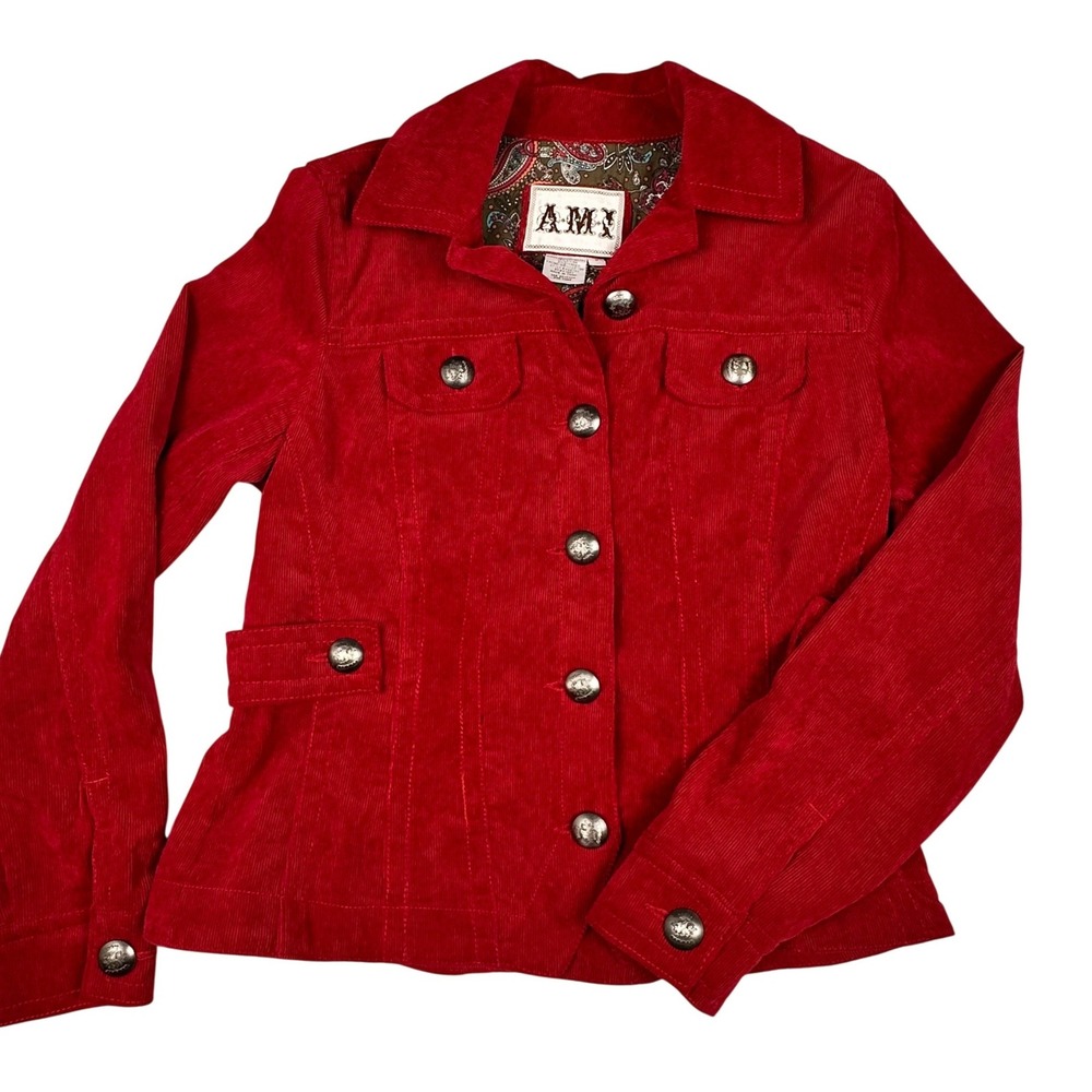 Y2K Red Corduroy Blazer Jacket Button Front Boho Paisley Lined Womens AMI Size S